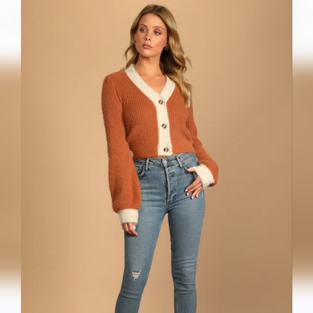 Peach and Ivory Cropped Cardigan Sweater